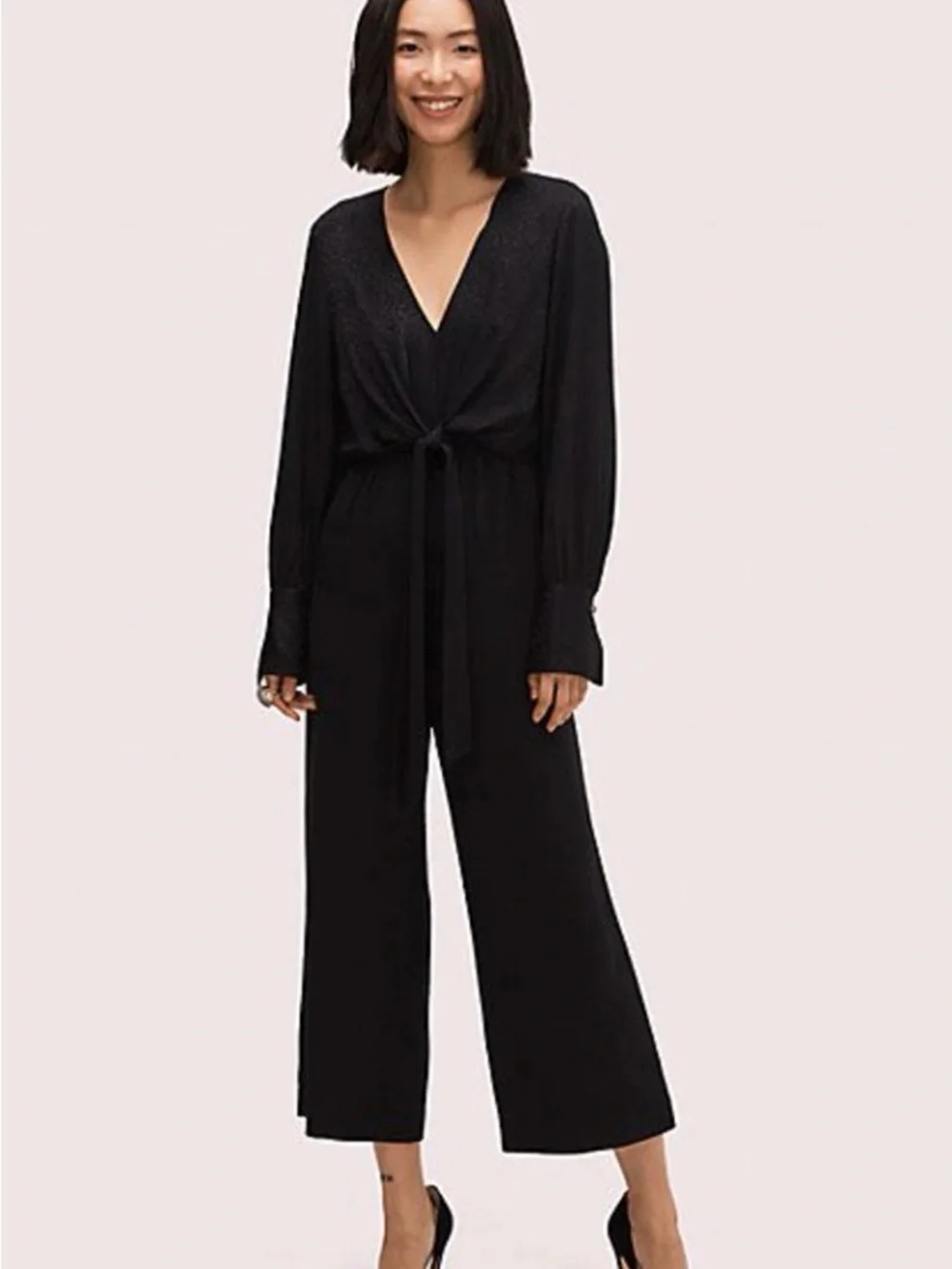 NWT kate spade Black Cropped Jumpsuit with Tie Waist tonal leopard pattern